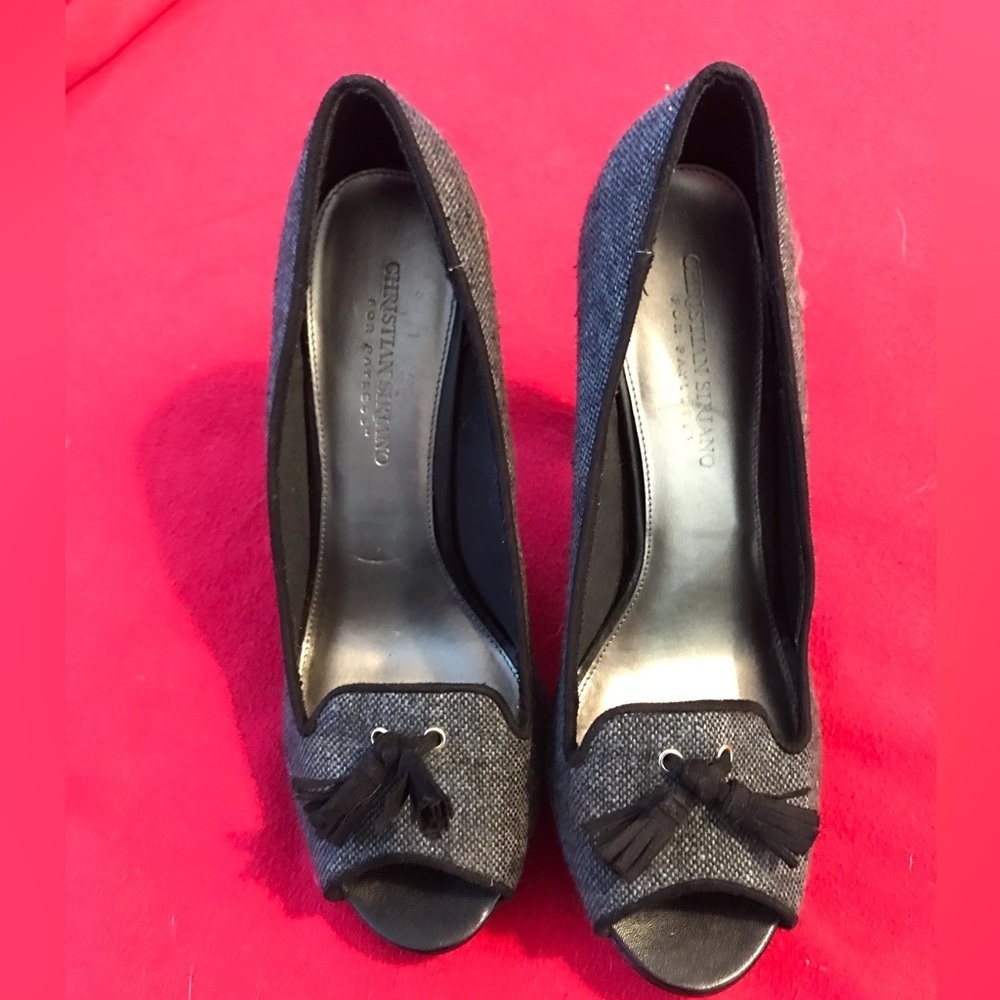 Gray Black Tweed Tassel Peeptoe High Heels size 9 - Picture 2 of 6